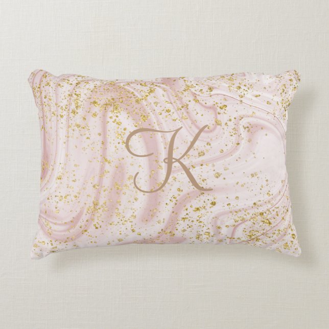 Monogramm Rosa und Weißmarmor Swirl Gold Glitzer Dekokissen (Vorderseite)