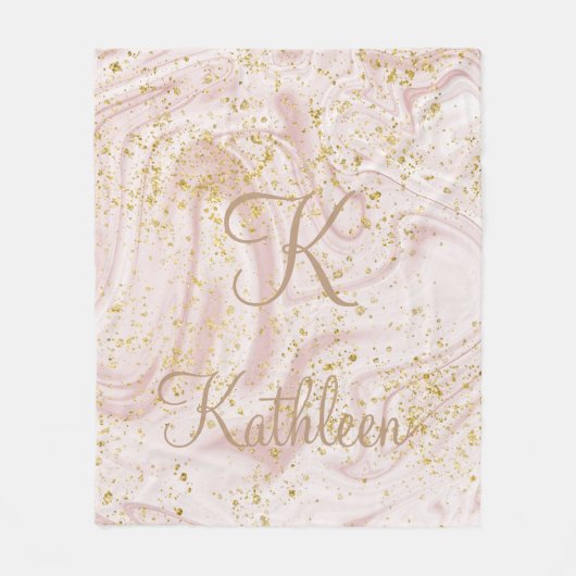 Monogramm Rosa und Weißmarmor Swirl Gold Glitzer Fleecedecke (Vorderseite)
