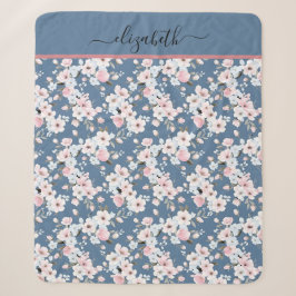 Monogramm Rosa Weiß Dunkelblau Blumen  Sherpadecke