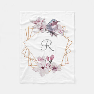 Monogramm Rosa Weiße Magnolien Vogel Goldrahmen Fleecedecke