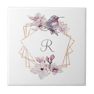 Monogramm Rosa Weiße Magnolien Vogel Goldrahmen Fliese