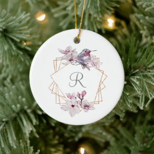 Monogramm Rosa Weiße Magnolien Vogel Goldrahmen Keramik Ornament