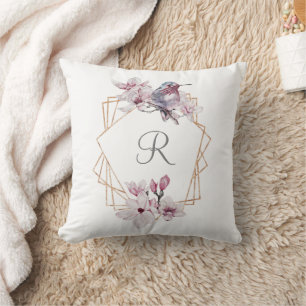 Monogramm Rosa Weiße Magnolien Vogel Goldrahmen Kissen