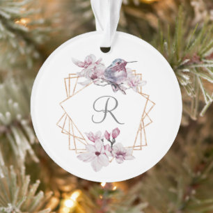 Monogramm Rosa Weiße Magnolien Vogel Goldrahmen Ornament