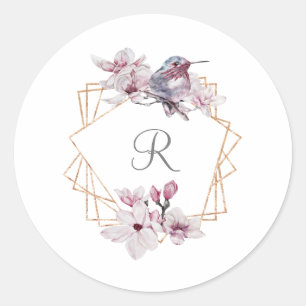 Monogramm Rosa Weiße Magnolien Vogel Goldrahmen Runder Aufkleber