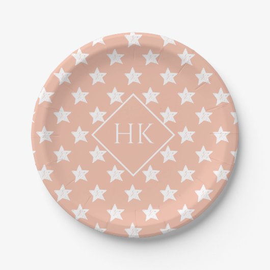 Monogramm Rosa Weiße Stern Muster Pappteller (Vorderseite)