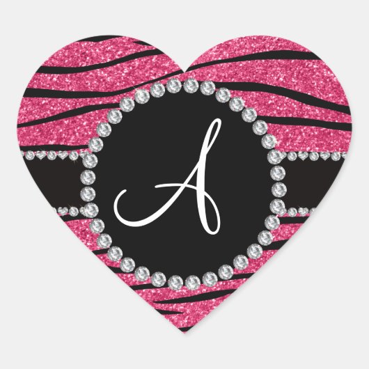 Monogramm rosa Zebrastreifen-Glitzer Herz-Aufkleber (Vorderseite)