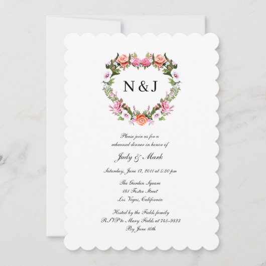 Monogramm Rose Blumenkohl Probe Abendessen Einladung (Vorderseite)