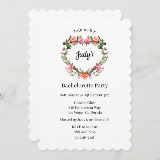 Monogramm Rose Bluthochdruck Junggeselinnen-Abschi Einladung (Vorne/Hinten)