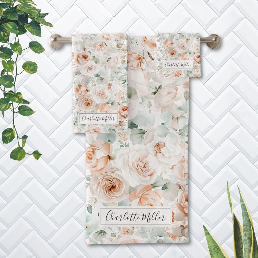 Monogramm Rose Eukalyptus Verlasst Grünpflanzen Badhandtuch Set