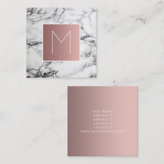 Monogramm Rose Gold auf schwarz-weißem Marmor Quadratische Visitenkarte (Vorne/Hinten)