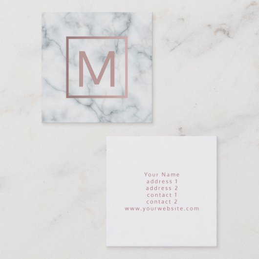 Monogramm Rose Gold auf weißem Marmor Quadratische Visitenkarte (Vorne/Hinten)