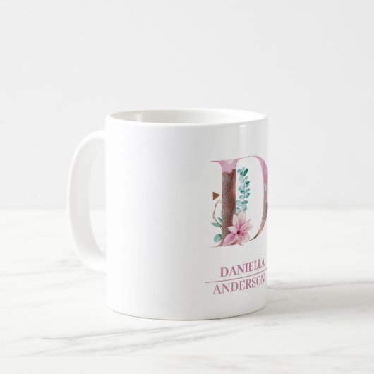 Monogramm Rose Gold Blume Letter D Kaffeetasse (Vorderseite Links)