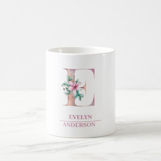 Monogramm Rose Gold Blume Letter E Kaffeetasse (Mittel)