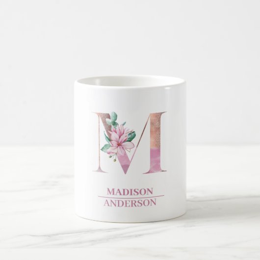 Monogramm Rose Gold Blume Letter M Kaffeetasse (Mittel)