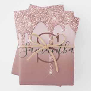 Monogramm Rose Gold Glitter-Tropf-Blush-Rosa Trend Geschenkpapier Set
