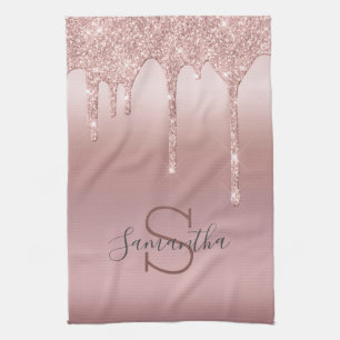 Monogramm Rose Gold Glitter-Tropf-Blush-Rosa Trend Geschirrtuch