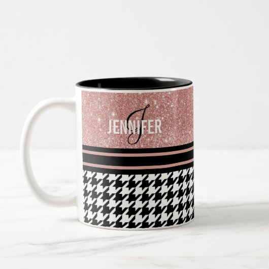 Monogramm Rose Gold Glitzer Hahnentrittmuster indi Zweifarbige Tasse (Links)