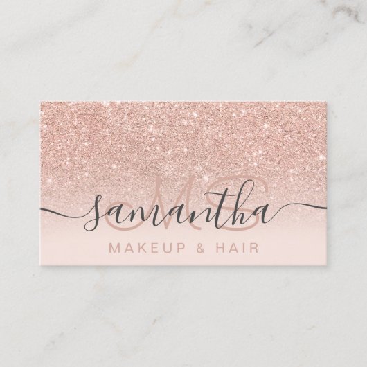 Monogramm Rose Gold Glitzer ombre Erröten Haar Visitenkarte (Vorderseite)