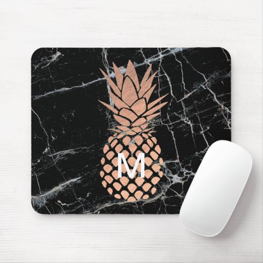 Monogramm Rose Goldananas auf schwarzem Marmor Mousepad (Mit Mouse)