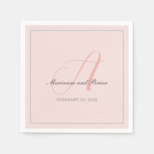 Monogramm-Rose Rosa, Blush und Dove Gray Serviette (Vorderseite)