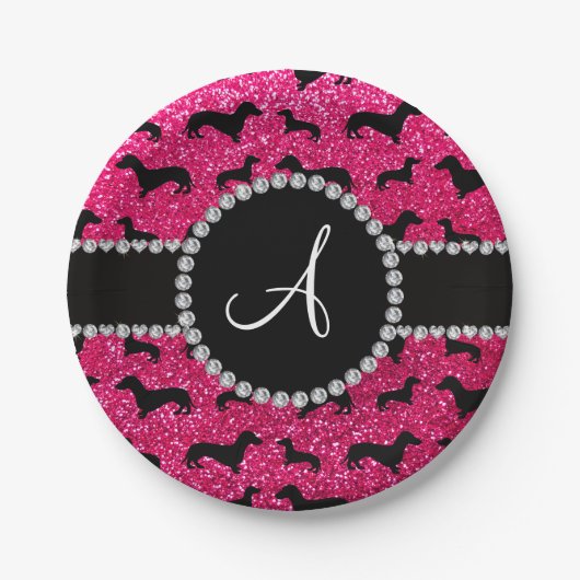 Monogramm Rose Rosa Glitzer Dackel Pappteller (Vorderseite)