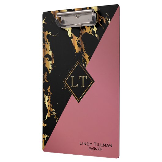 Monogramm-Rose, Schwarz-Gold-Marmor Klemmbrett (Links)