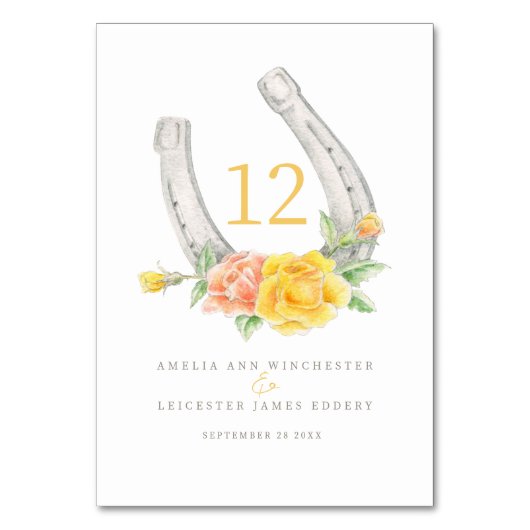 Monogramm Rose von Horseshos und Gelbkorallen Tischnummer (Rückseite)