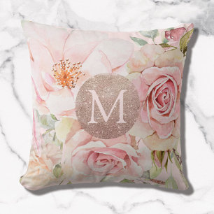 Monogramm-Roségold-Blush-Pink-Aquarell-Blumen  Kissen