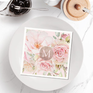 Monogramm-Roségold-Blush-Pink-Aquarell-Blumen Serviette