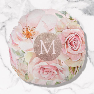 Monogramm-Roségold-Blush-Pink-Aquarell-Blumenmuste Rundes Kissen