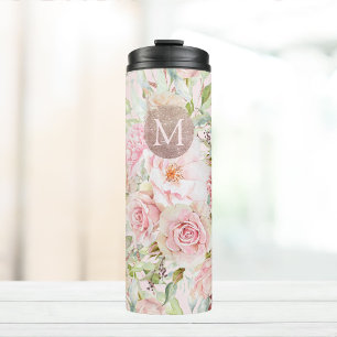 Monogramm Roségold Blush Rosa Wasserfarben Blumen  Thermosbecher