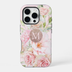 Monogramm Roségold Blush Rosa Wasserfarben Blumenm iPhone 16 Pro Hülle