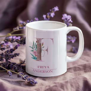 Monogramm Roségold Wasserfarbe Blumen Buchstabe F Kaffeetasse