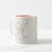 Monogramm-Rosen-Goldgrauer Herz-Buchstabe 'N Zweifarbige Tasse (Vorderseite Links)