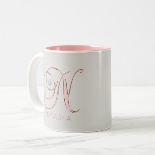 Monogramm-Rosen-Goldgrauer Herz-Buchstabe 'N Zweifarbige Tasse (Vorderseite Links)