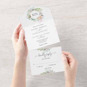 Monogramm-Rosen-Grün-Blumenhochzeit All In One Einladung