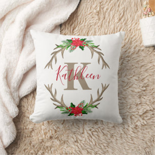 Monogramm Rot Grün Weihnachten Floral Geweihe Kissen