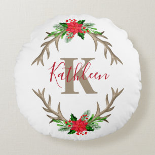 Monogramm Rot Grün Weihnachten Floral Geweihe Rundes Kissen