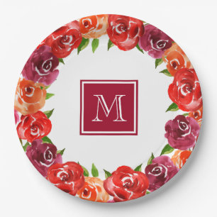 Monogramm Rot Orange Claret Blumenmuster Pappteller