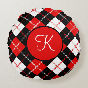 Monogramm Rot Schwarz Weiß Argyle Kariert Rundes Kissen