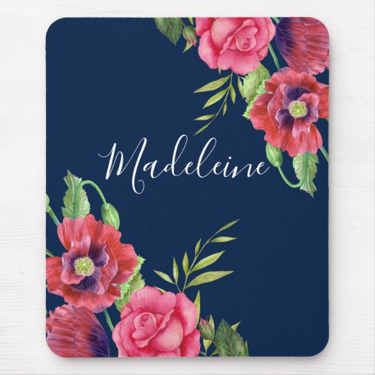 Monogramm Rot und Rosa Blume Dunkelblau Mousepad (Vorne)
