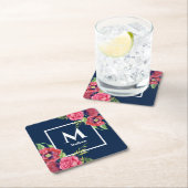 Monogramm Rot und Rosa Blume Dunkelblau Rechteckiger Pappuntersetzer (Vor Ort)
