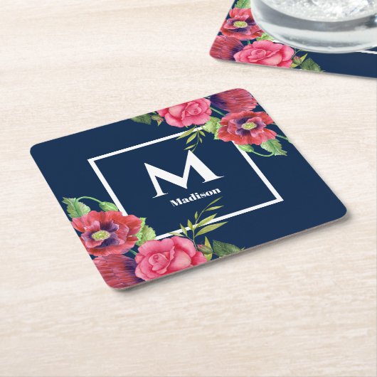 Monogramm Rot und Rosa Blume Dunkelblau Rechteckiger Pappuntersetzer (angewinkelt)