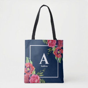 Monogramm Rot und Rosa Blume Dunkelblau Tasche