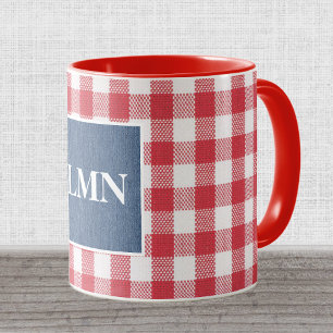 Monogramm Rot-Weiß-Gingham Blau Denim 11oz Combo Tasse