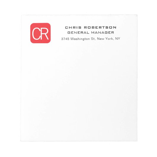 Monogramm Rot Weiß Professionell Schlicht Notizblock (Vorderseite)