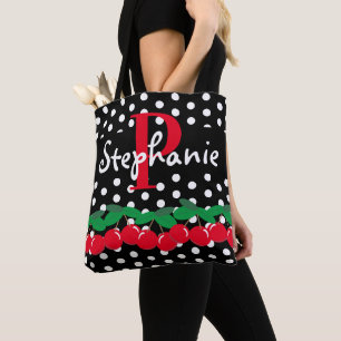 Monogramm rote Kirschen weiße Tupfen Retro Tasche