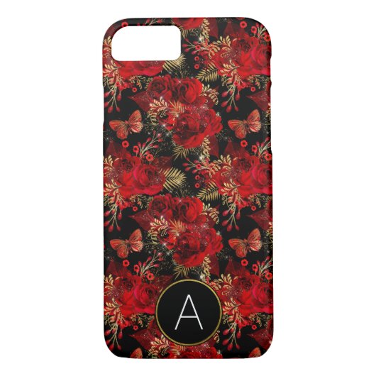 Monogramm-Rote Rosen und Schmetterlingsmuster Case-Mate iPhone Hülle (Rückseite)