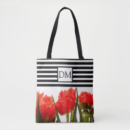 Monogramm rote Tulipen mit schwarzen Streifen Totb Tasche
